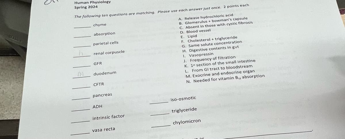 Human Physiology
Spring 2024
The following ten questions are matching. Please use each answer just once. 2 points each
chyme
absorption
parietal cells
renal corpuscle
GFR
duodenum
A. Release hydrochloric acid
B. Glomerulus + bowman's capsule
C. Absent in those with cystic fibrosis
D. Blood vessel
E. Lipid
F. Cholesterol + triglyceride
G. Same solute concentration
H. Digestive contents in gut
1. Vasopressin
J. Frequency of filtration
K. 1st section of the small intestine
L. From GI tract to bloodstream
M. Exocrine and endocrine organ
N. Needed for vitamin B₁, absorption.
CFTR
pancreas
ADH
iso-osmotic
intrinsic factor
triglyceride
vasa recta
chylomicron
