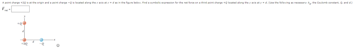 A point charge +2Q is at the origin and a point charge -Q is located along the x axis at x = d as in the figure below. Find a symbolic expression for the net force on a third point charge +Q located along the y axis at y = d. (Use the following as necessary: k, the Coulomb constant, Q, and d.)
net=
+Q
d
+20
