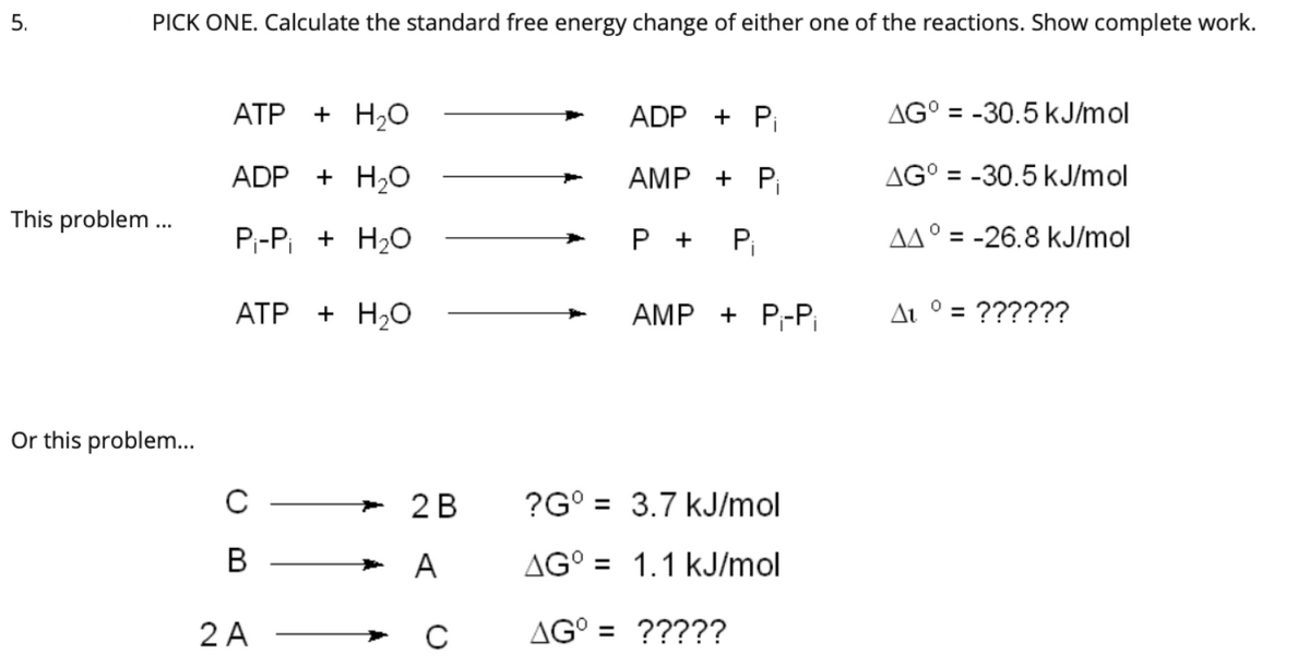 PICK ONE. Calculate the standard free energy change of either one of the reactions. Show complete work.
АТР + H,О
ADP + Pi
AG° = -30.5 kJ/mol
%3D
ADP + H2O
AMP + P¡
AG° = -30.5 kJ/mol
This problem ..
Pi-Pi + H20
P +
P,
AA° = -26.8 kJ/mol
%3D
ATP
+ H2O
AMP + P;-Pi
Δι
??????
%3D
Or this problem...
- 2 B
?G° = 3.7 kJ/mol
В
AG° = 1.1 kJ/mol
2 A
AG° = ?????
5.
