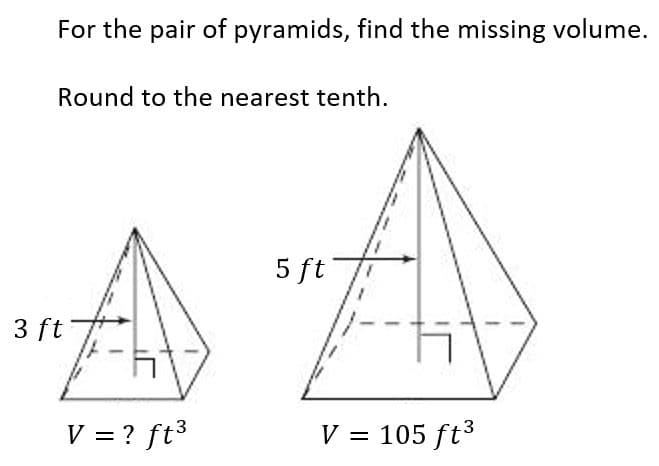 For the pair of pyramids, find the missing volume.
Round to the nearest tenth.
5 ft
3 ft
V = ? ft3
V = 105 ft3

