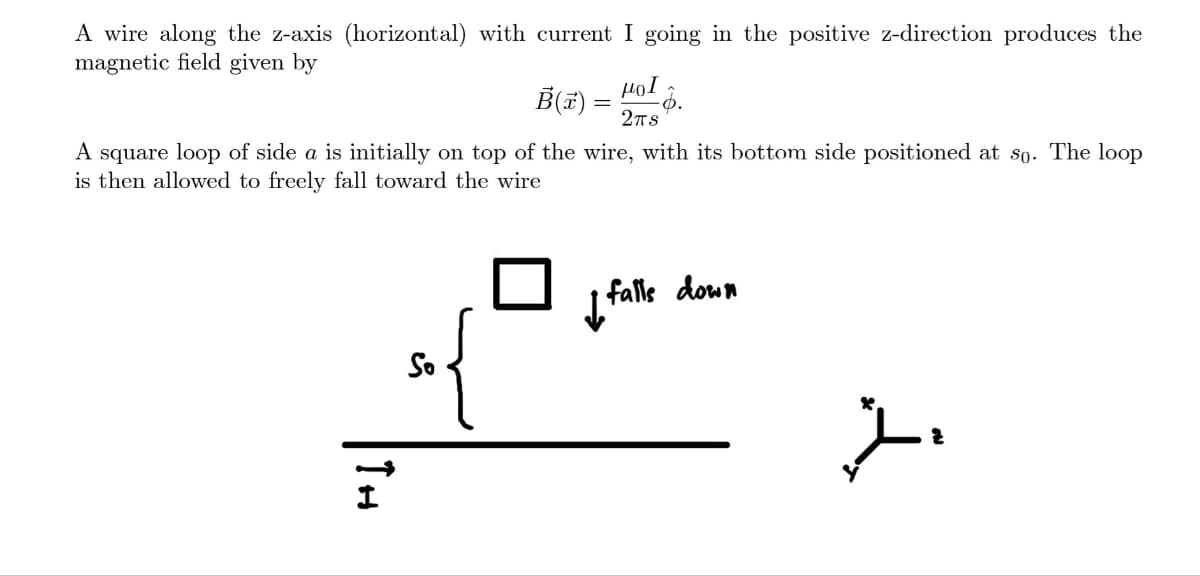 A wire along the z-axis (horizontal) with current I going in the positive z-direction produces the
magnetic field given by
B(x) = -6.
μοι
2TS
A square loop of side a is initially on top of the wire, with its bottom side positioned at so. The loop
is then allowed to freely fall toward the wire
IH
☐ I falle down
so{
į
2