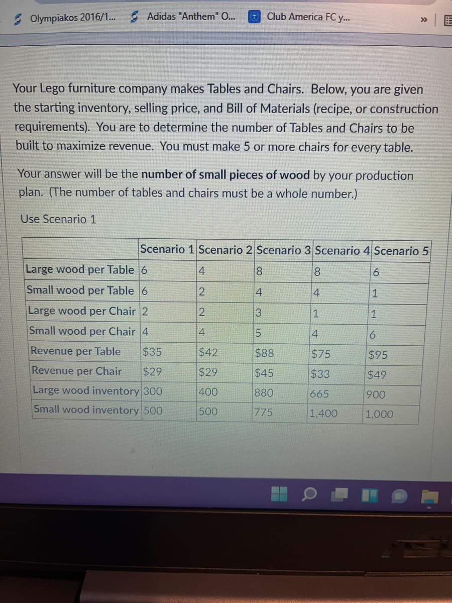 2 Olympiakos 2016/1..
Adidas "Anthem" O...
Club America FC y..
|E
>>
Your Lego furniture company makes Tables and Chairs. Below, you are given
the starting inventory, selling price, and Bill of Materials (recipe, or construction
requirements). You are to determine the number of Tables and Chairs to be
built to maximize revenue. You must make 5 or more chairs for every table.
Your answer will be the number of small pieces of wood by your production
plan. (The number of tables and chairs must be a whole number.)
Use Scenario 1
Scenario 1 Scenario 2 Scenario 3 Scenario 4 Scenario 5
Large wood per Table 6
4
8
Small wood per Table 6
2
4
4
Large wood per Chair 2
2
1
Small wood per Chair 4
4
15
4
6.
Revenue per Table
$35
$42
$88
$75
$95
Revenue per Chair
$29
$29
$45
$33
$49
Large wood inventory 300
400
880
665
900
Small wood inventory 500
500
775
1,400
1,000
