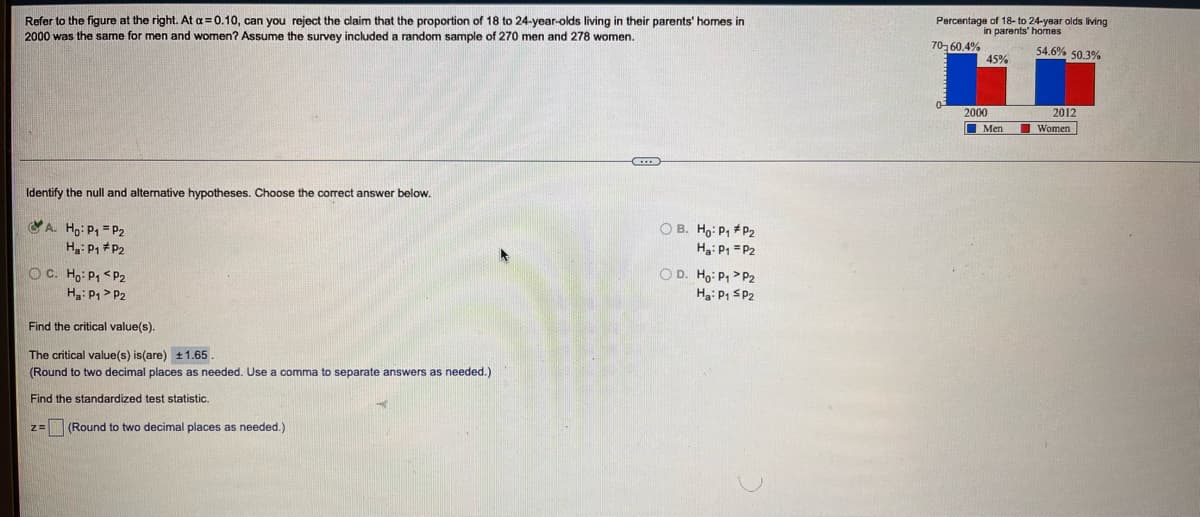 Refer to the figure at the right. At a =0.10, can you reject the claim that the proportion of 18 to 24-year-olds living in their parents' homes in
2000 was the same for men and women? Assume the survey included a random sample of 270 men and 278 women.
Percentage of 18- to 24-year olds living
in parents' hones
70,60.4%
45%
54.6% 50.3%
2000
2012
Men
Women
Identify the null and alternative hypotheses. Choose the correct answer below.
A. Ho: P1 = P2
O B. Ho: P, + P2
Ha: P, #P2
H3: P, =P2
O C. Ho: P1 <P2
Ha: P1 > P2
OD. Ho: P, > P2
H: P, SP2
Find the critical value(s).
The critical value(s) is(are) +1.65
(Round to two decimal places as needed. Use a comma to separate answers as needed.)
Find the standardized test statistic.
(Round to two decimal places as needed.)
