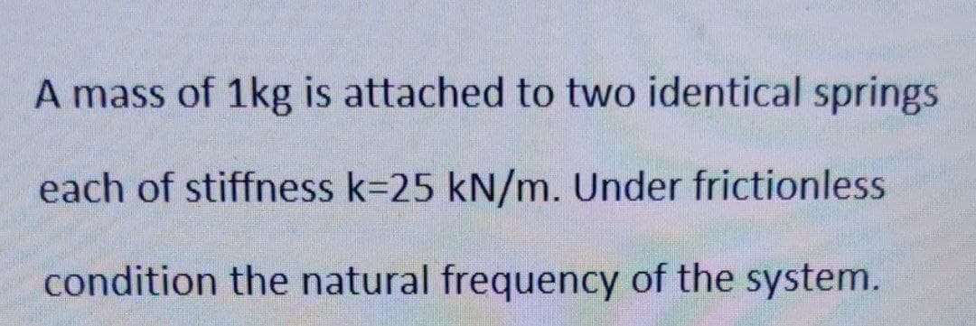 A mass of 1kg is attached to two identical springs
each of stiffness k=25 kN/m. Under frictionless
condition the natural frequency of the system.
