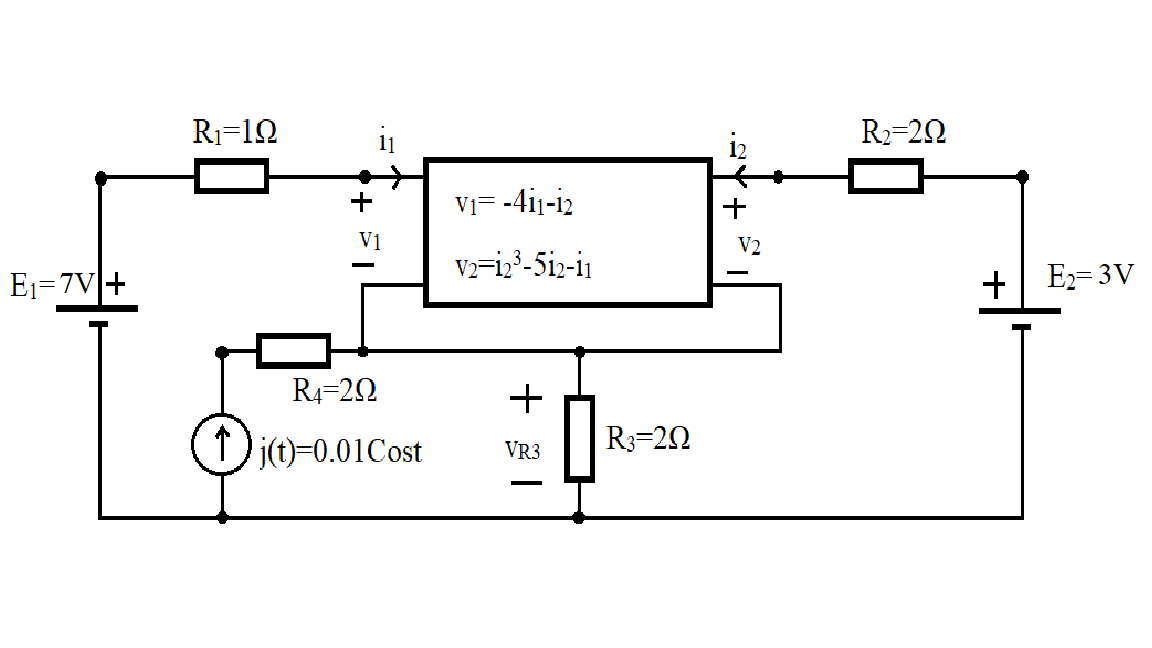 Ri=12
R2=20
Vi= -4i1-i2
+
V1
V2
V=i2²-5i2-i1
E1=7V+
E2= 3V
R4=20
R3=20
j(t)=0.01Cost
VR3
