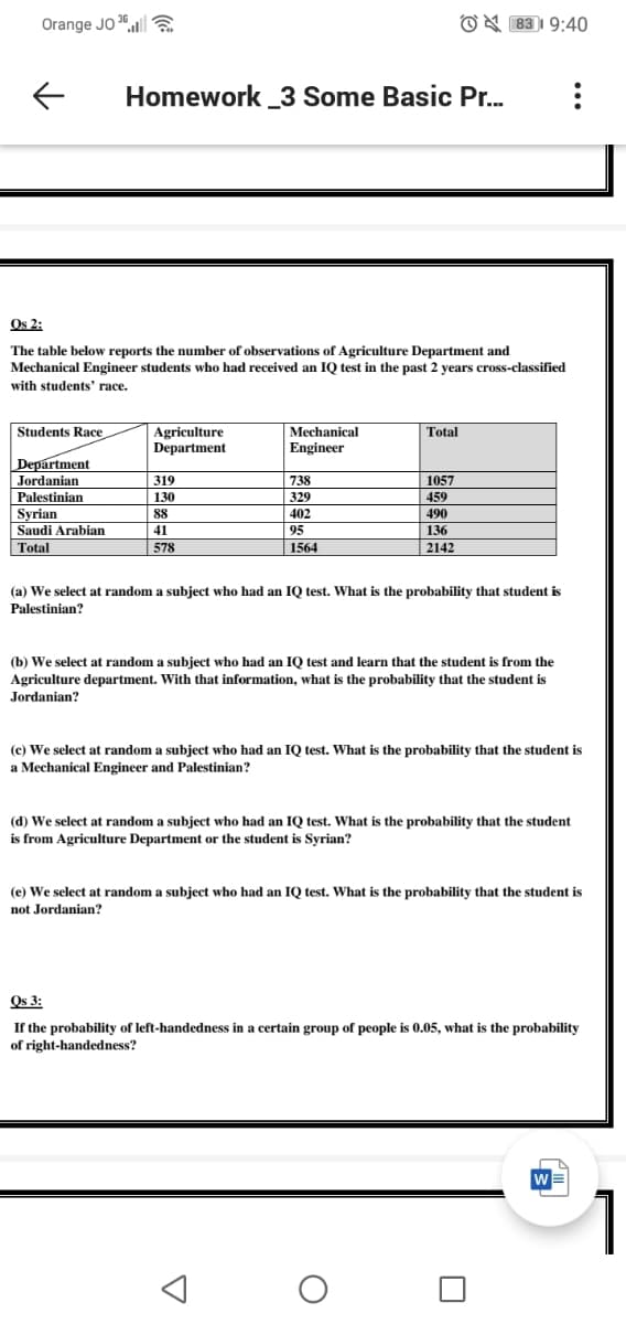 Orange JO 3||
O N 83I 9:40
Homework _3 Some Basic Pr.
Os 2:
The table below reports the number of observations of Agriculture Department and
Mechanical Engineer students who had received an IQ test in the past 2 years cross-classified
with students' race.
Students Race
Agriculture
Department
Mechanical
Total
Engineer
Department
Jordanian
319
738
329
1057
Palestinian
130
459
Syrian
Saudi Arabian
88
402
490
41
95
136
Total
578
1564
2142
(a) We select at random a subject who had an IQ test. What is the probability that student is
Palestinian?
(b) We select at random a subject who had an IQ test and learn that the student is from the
Agriculture department. With that information, what is the probability that the student is
Jordanian?
(c) We select at random a subject who had an IQ test. What is the probability that the student is
a Mechanical Engineer and Palestinian?
(d) We select at random a subject who had an IQ test. What is the probability that the student
is from Agriculture Department or the student is Syrian?
(e) We select at random a subject who had an IQ test. What is the probability that the student is
not Jordanian?
Os 3:
If the probability of left-handedness in a certain group of people is 0.05, what is the probability
of right-handedness?
