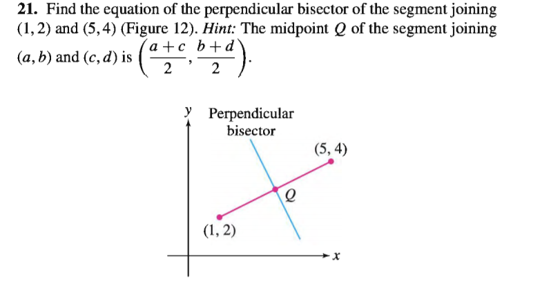 21. Find the equation of the perpendicular bisector of the segment joining
(1,2) and (5,4) (Figure 12). Hint: The midpoint Q of the segment joining
´a +c_b+d
2' 2
(a, b) and (c, d) is
У Регрendicular
bisector
(5, 4)
(1, 2)
