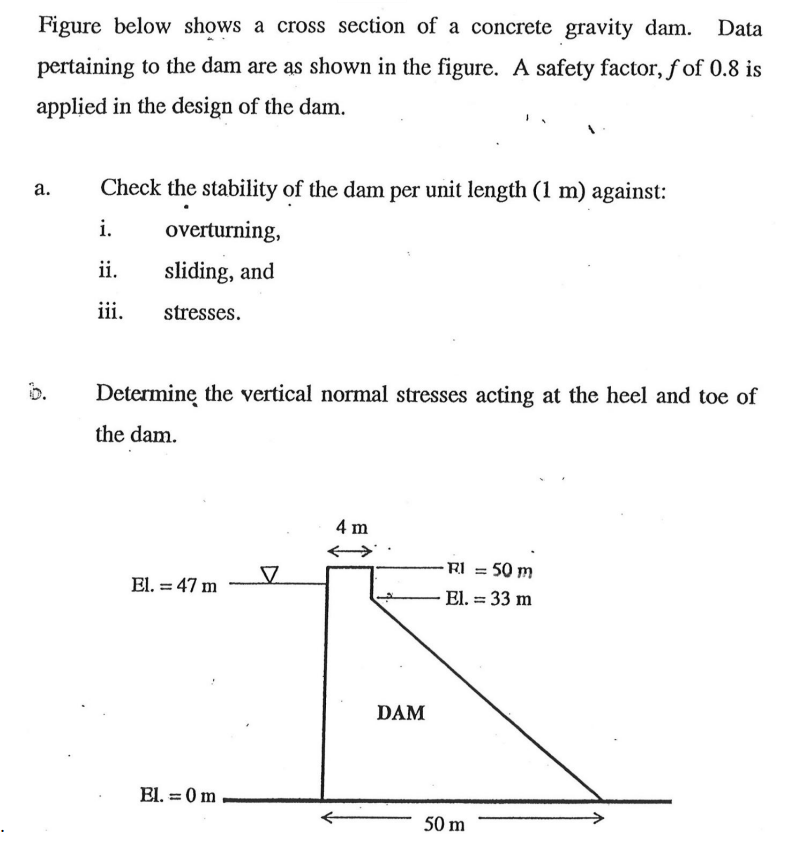 Figure below shows a cross section of a concrete gravity dam. Data
pertaining to the dam are as shown in the figure. A safety factor, f of 0.8 is
applied in the design of the dam.
a.
Check the stability of the dam per unit length (1 m) against:
i. overturning,
ii.
iii.
sliding, and
stresses.
Determine the vertical normal stresses acting at the heel and toe of
the dam.
El. = 47 m
Bl. = 0 m
V
4 m
DAM
-R1 =
50 m
El. = 33 m
50 m