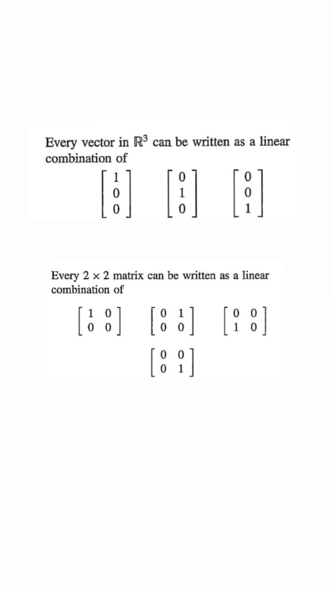 Every vector in R³ can be written as a linear
combination of
[B]
0
Every 2 x 2 matrix can be written as a linear
combination of
0
[8]
[8] [18]
0
00
[81]