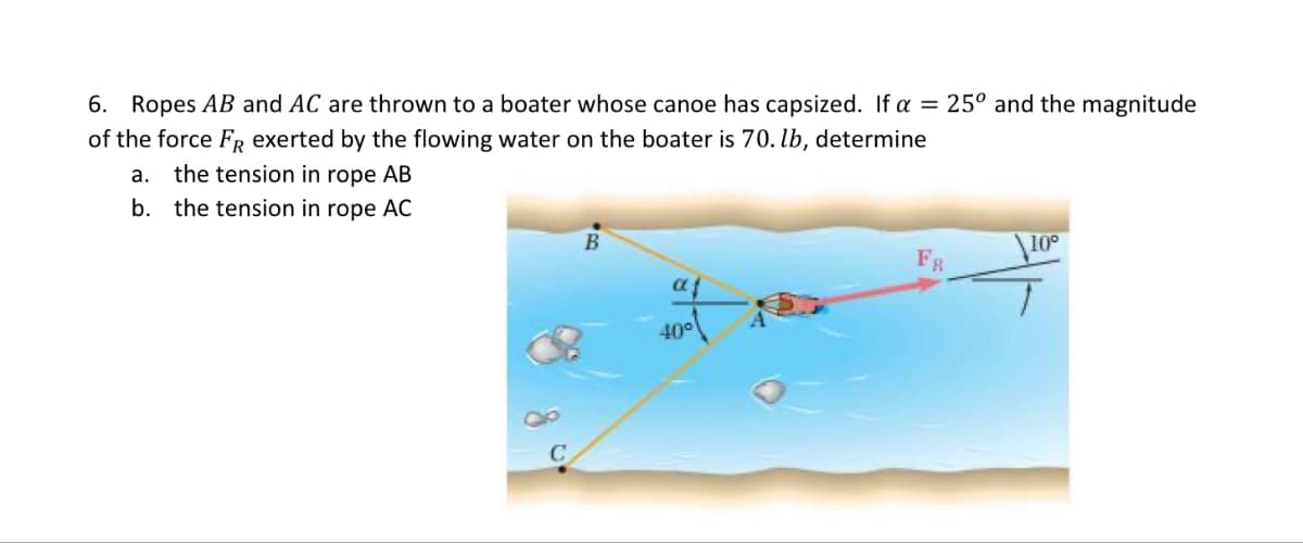 6. Ropes AB and AC are thrown to a boater whose canoe has capsized. If a = 25° and the magnitude
of the force FR exerted by the flowing water on the boater is 70. lb, determine
a.
the tension in rope AB
b. the tension in rope AC
B
af
40⁰
FR
10⁰