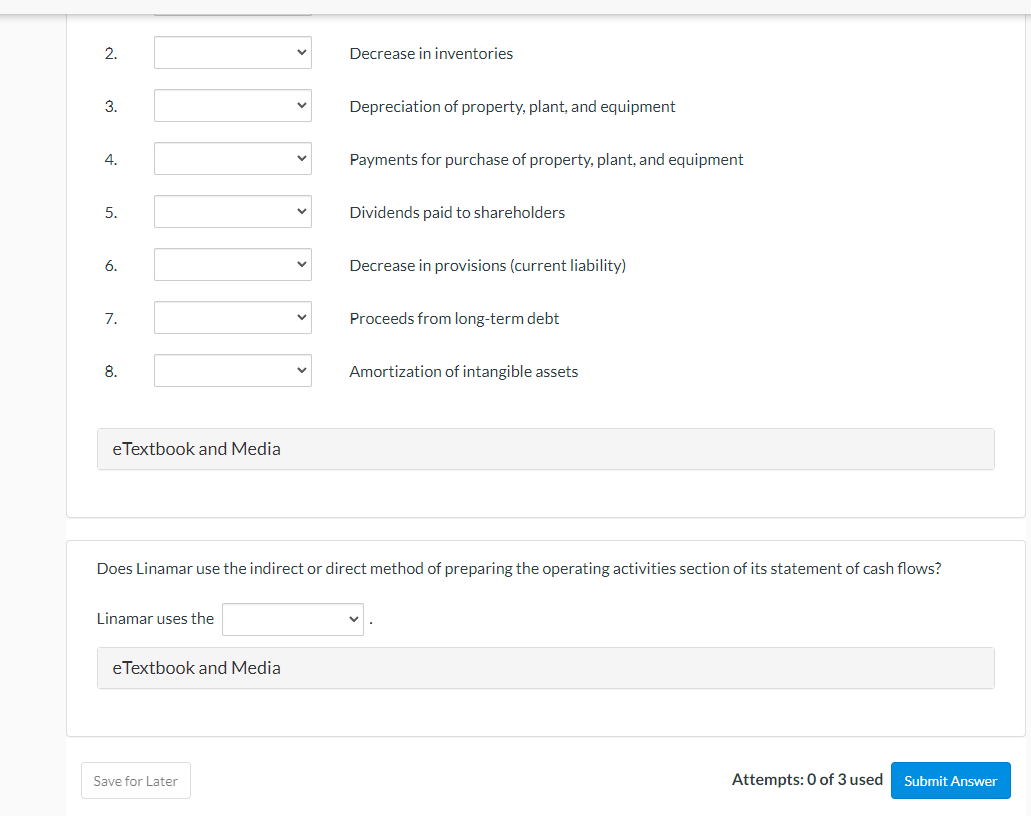 2.
Decrease in inventories
3.
Depreciation of property, plant, and equipment
4.
Payments for purchase of property, plant, and equipment
5.
Dividends paid to shareholders
6.
Decrease in provisions (current liability)
7.
Proceeds from long-term debt
8.
Amortization of intangible assets
eTextbook and Media
Does Linamar use the indirect or direct method of preparing the operating activities section of its statement of cash flows?
Linamar uses the
eTextbook and Media
Save for Later
Attempts: 0 of 3 used
Submit Answer
