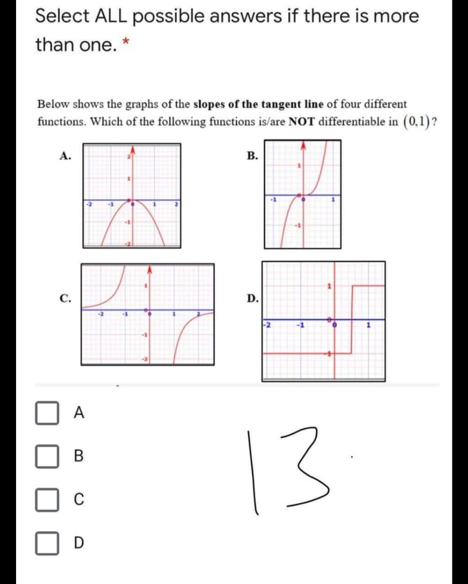 Select ALL possible answers if there is more
than one.
Below shows the graphs of the slopes of the tangent line of four different
functions. Which of the following functions is/are NOT differentiable in (0,1)?
A.
В.
D.
-2
A
13
В
D
