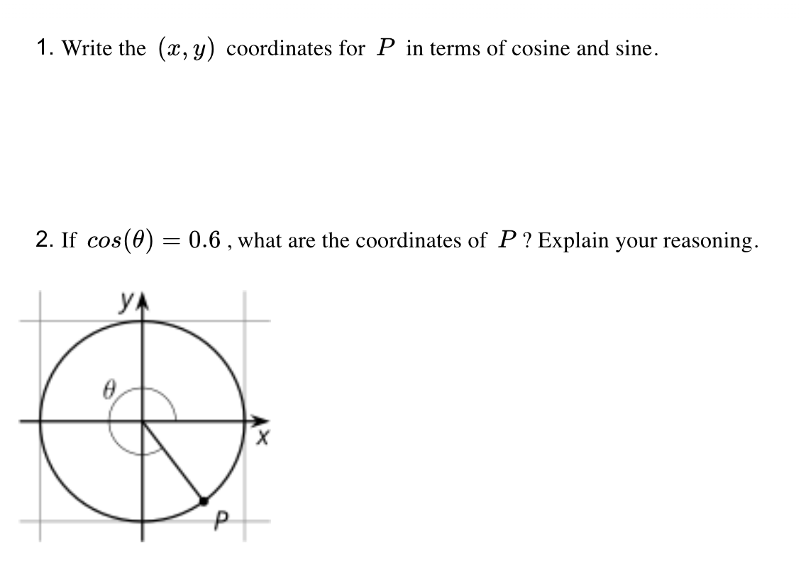 1. Write the (x, y) coordinates for P in terms of cosine and sine.
2. If cos(0) = 0.6 , what are the coordinates of P? Explain your reasoning.
YA
