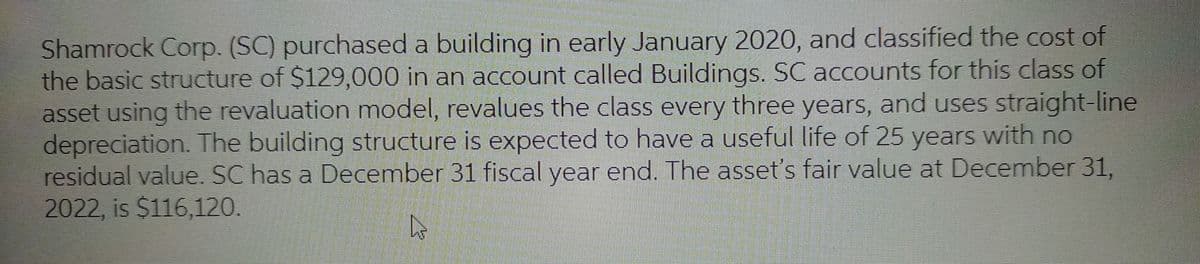 Shamrock Corp. (SC) purchased a building in early January 2020, and classified the cost of
the basic structure of $129,000 in an account called Buildings. SC accounts for this class of
asset using the revaluation model, revalues the class every three years, and uses straight-line
depreciation. The building structure is expected to have a useful life of 25 years with no
residual value. SC has a December 31 fiscal year end. The asset's fair value at December 31,
2022, is $116,120.
4