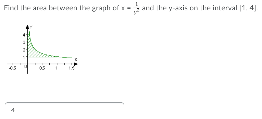 ## Problem Statement
Find the area between the graph of \( x = \frac{1}{y^2} \) and the y-axis on the interval \([1, 4]\).

## Explanation
In this problem, we need to determine the area between the curve given by the equation \( x = \frac{1}{y^2} \) and the y-axis, constrained within the interval from \( y = 1 \) to \( y = 4 \).

### Graph Description
The graph provided shows the curve \( x = \frac{1}{y^2} \), which is a plot in the first quadrant of the coordinate system with the following characteristics:
- The \( x \)-axis ranges approximately from -0.5 to 1.5.
- The \( y \)-axis ranges from 0 to 4.
- The curve starts curving sharply near the y-axis at the lower end of the interval (near \( y = 1 \)) and becomes less steep as y increases (towards \( y = 4 \)).

### Shaded Area
The region of interest for finding the area is the part between this curve and the y-axis on the interval \([1, 4]\). This region is shaded in green on the graph.

### Solution
To determine this area, we need to set up and evaluate the definite integral of the function \( x = \frac{1}{y^2} \) over the given interval:
\[ \text{Area} = \int_{1}^{4} \frac{1}{y^2} \, dy \]

The integral can be solved by:
1. Finding the antiderivative of \( \frac{1}{y^2} \),
2. Evaluating the antiderivative at the bounds of integration \( y = 1 \) and \( y = 4 \),
3. Subtracting the values to get the total area.

### Calculation

1. The antiderivative of \( \frac{1}{y^2} \) is:
\[ \int \frac{1}{y^2} \, dy = -\frac{1}{y} \]

2. Evaluating this antiderivative at the upper and lower limits:
\[ \left[-\frac{1}{y}\right]_{1}^{4} = -\frac{1}{4} - \left(-\frac{1