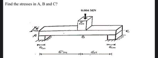 Find the stresses in A, B and C?
14-d
Vem
14
6m
0.006 MN
0
cm
B
-HA-
4
IX
6em
H