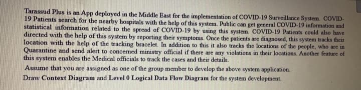 Tarassud Plus is an App deployed in the Middle East for the implementation of COVID-19 Surveillance System. COVID-
19 Patients search for the nearby hospitals with the help of this system. Public can get general COVID-19 information and
statistical information related to the spread of COVID-19 by using this system. COVID-19 Patients could also have
directed with the help of this system by reporting their symptoms. Once the patients are diagnosed, this system tracks their
location with the help of the tracking bracelet. In addition to this it also tracks the locations of the people, who are in
Quarantine and send alert to concerned ministry official if there are any violations in their locations. Another feature of
this system enables the Medical officials to track the cases and their details.
Assume that you are assigned as one of the group member to develop the above system application.
Draw Context Diagram and Level 0 Logical Data Flow Diagram for the system development.
