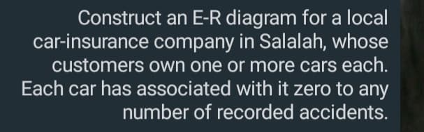 Construct an E-R diagram for a local
car-insurance company in Salalah, whose
customers own one or more cars each.
Each car has associated with it zero to any
number of recorded accidents.
