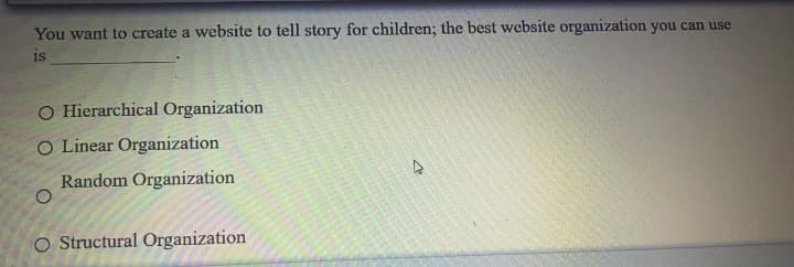 You want to create a website to tell story for children; the best website organization you can use
is
O Hierarchical Organization
O Linear Organization
Random Organization
O Structural Organization
