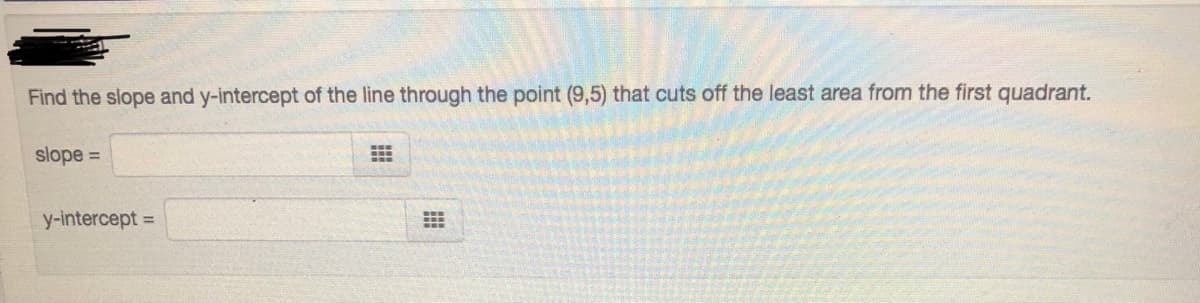 Find the slope and y-intercept of the line through the point (9,5) that cuts off the least area from the first quadrant.
slope =
y-intercept =
