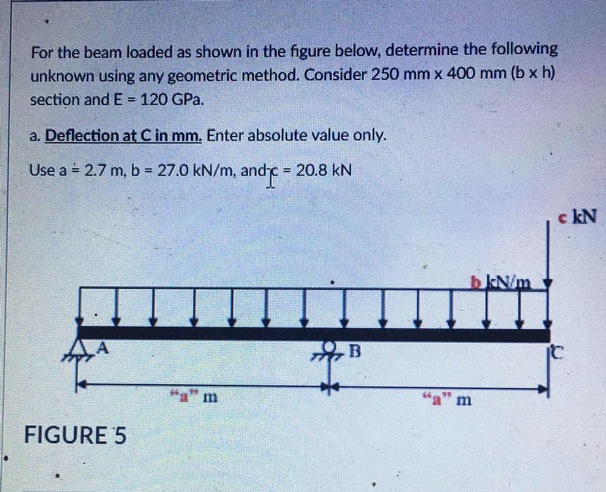 For the beam loaded as shown in the figure below, determine the following
unknown using any geometric method. Consider 250 mm x 400 mm (b x h)
section and E = 120 GPa.
%3D
a. Deflection at C in mm. Enter absolute value only.
Use a = 2.7 m, b 27.0 kN/m, andc 20.8 kN
%3D
c kN
bkN/m
B
m
FIGURE 5
