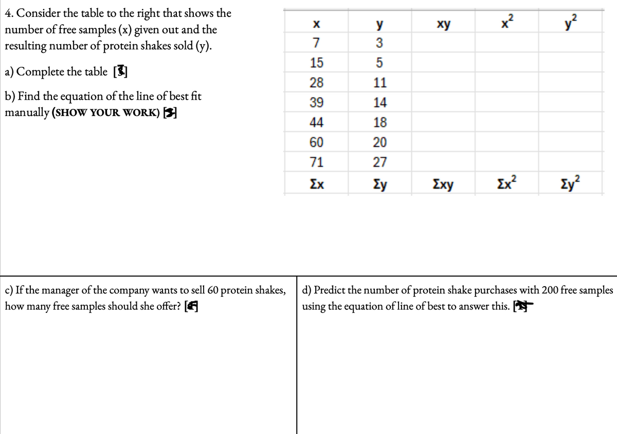 4. Consider the table to the right that shows the
number of free samples (x) given out and the
resulting number of protein shakes sold (y).
X 7
y
13
3
ху
x²
y²
15
5
Сл
a) Complete the table [3]
28
11
b) Find the equation of the line of best fit
manually (SHOW YOUR WORK) [3]
39
14
44
18
60
20
71
27
Σχ
ΣΥ
Exy
Σχ
Σγ
c) If the manager of the company wants to sell 60 protein shakes,
how
many free samples should she offer? [F]
d) Predict the number of protein shake purchases with 200 free samples
using the equation of line of best to answer this. (✗