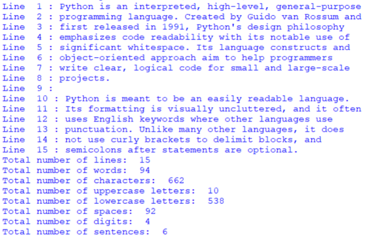 1: Python is an interpreted, high-level, general-purpose
Line 2 : programming language. Created by Guido van Rossum and
Line 3 : first released in 1991, Python's design philosophy
Line 4 : emphasizes code readability with its notable use of
Line 5 : significant whitespace. Its language constructs and
Line 6 : object-oriented approach aim to help programmers
Line 7 : write clear, logical code for small and large-scale
Line 8 : projects.
Line 9 :
Line 10 : Python is meant to be an easily readable language.
11 : Its formatting is visually uncluttered, and it often
Line 12 : uses English keywords where other languages use
Line 13 : punctuation. Unlike many other languages, it does
Line 14 : not use curly brackets to delimit blocks, and
Line 15 : semicolons after statements are optional.
Total number of lines: 15
Total number of words: 94
Total number of characters: 662
Total number of uppercase letters: 10
Total number of lowercase letters: 538
Total number of spaces: 92
Total number of digits: 4
Total number of sentences:
6
