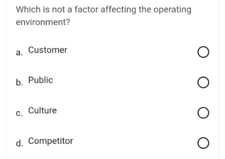 Which is not a factor affecting the operating
environment?
a. Customer
b. Public
C.
Culture
d. Competitor
O
O
O
O