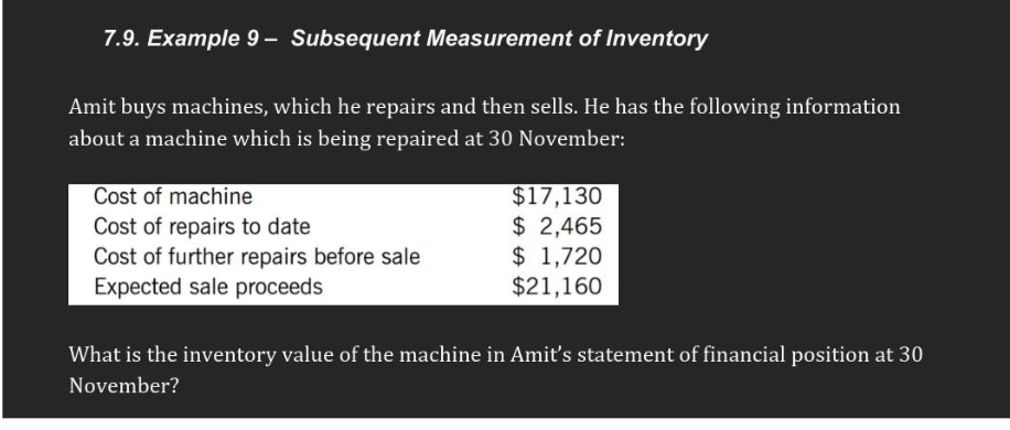 7.9. Example 9- Subsequent Measurement of Inventory
Amit buys machines, which he repairs and then sells. He has the following information
about a machine which is being repaired at 30 November:
Cost of machine
Cost of repairs to date
Cost of further repairs before sale
Expected sale proceeds
$17,130
$ 2,465
$ 1,720
$21,160
What is the inventory value of the machine in Amit's statement of financial position at 30
November?