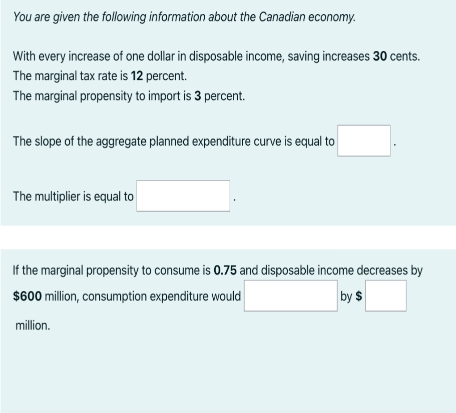 You are given the following information about the Canadian economy.
With every increase of one dollar in disposable income, saving increases 30 cents.
The marginal tax rate is 12 percent.
The marginal propensity to import is 3 percent.
The slope of the aggregate planned expenditure curve is equal to
The multiplier is equal to
If the marginal propensity to consume is 0.75 and disposable income decreases by
$600 million, consumption expenditure would
by $
million.