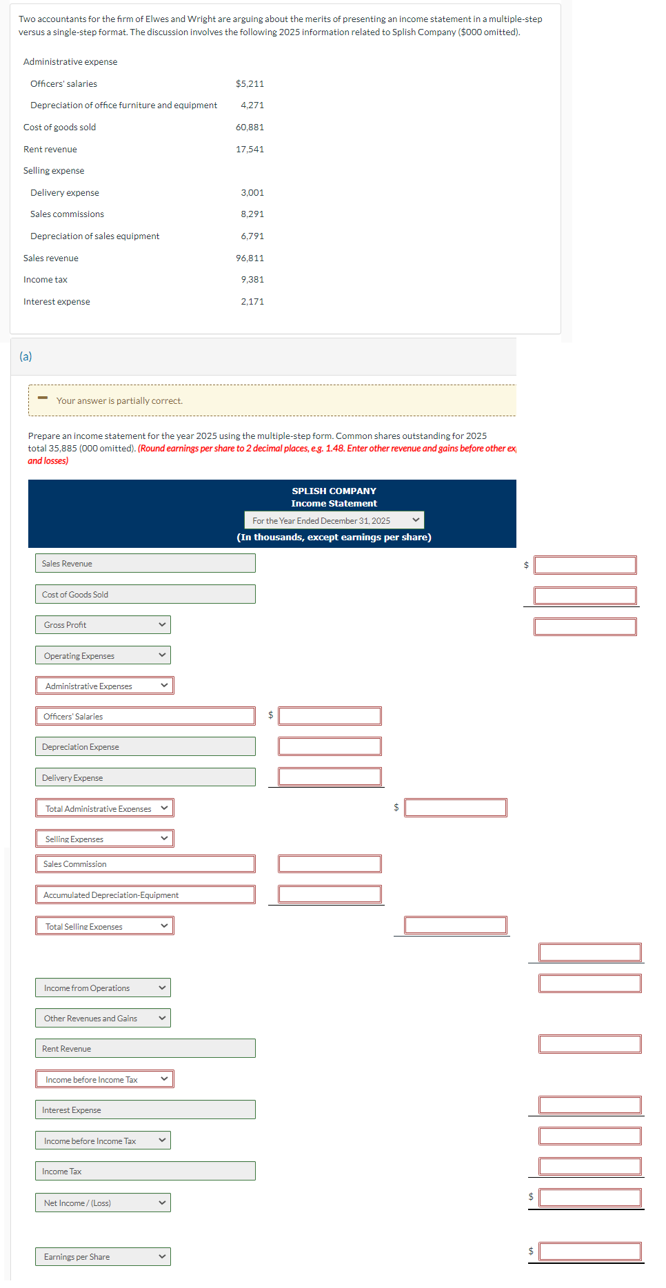 Two accountants for the firm of Elwes and Wright are arguing about the merits of presenting an income statement in a multiple-step
versus a single-step format. The discussion involves the following 2025 information related to Splish Company ($000 omitted).
Administrative expense
Officers' salaries
Depreciation of office furniture and equipment
Cost of goods sold
Rent revenue
Selling expense
Delivery expense
Sales commissions
Depreciation of sales equipment
Sales revenue
Income tax
Interest expense
(a)
Your answer is partially correct.
Sales Revenue
Cost of Goods Sold
Gross Profit
Operating Expenses
Administrative Expenses
Officers' Salaries
Prepare an income statement for the year 2025 using the multiple-step form. Common shares outstanding for 2025
total 35,885 (000 omitted). (Round earnings per share to 2 decimal places, e.g. 1.48. Enter other revenue and gains before other ex
and losses)
Depreciation Expense
Delivery Expense
Total Administrative Expenses
Selling Expenses
Sales Commission
Accumulated Depreciation-Equipment
Total Selling Expenses
Income from Operations
Other Revenues and Gains
Rent Revenue
Income before Income Tax
Interest Expense
Income before Income Tax
Income Tax
Net Income/(Loss)
$5,211
4,271
60,881
17,541
Earnings per Share
3,001
8.291
6.791
96.811
9.381
2.171
SPLISH COMPANY
Income Statement
For the Year Ended December 31, 2025
(In thousands, except earnings per share)
$
$
bingo o ob
$
$