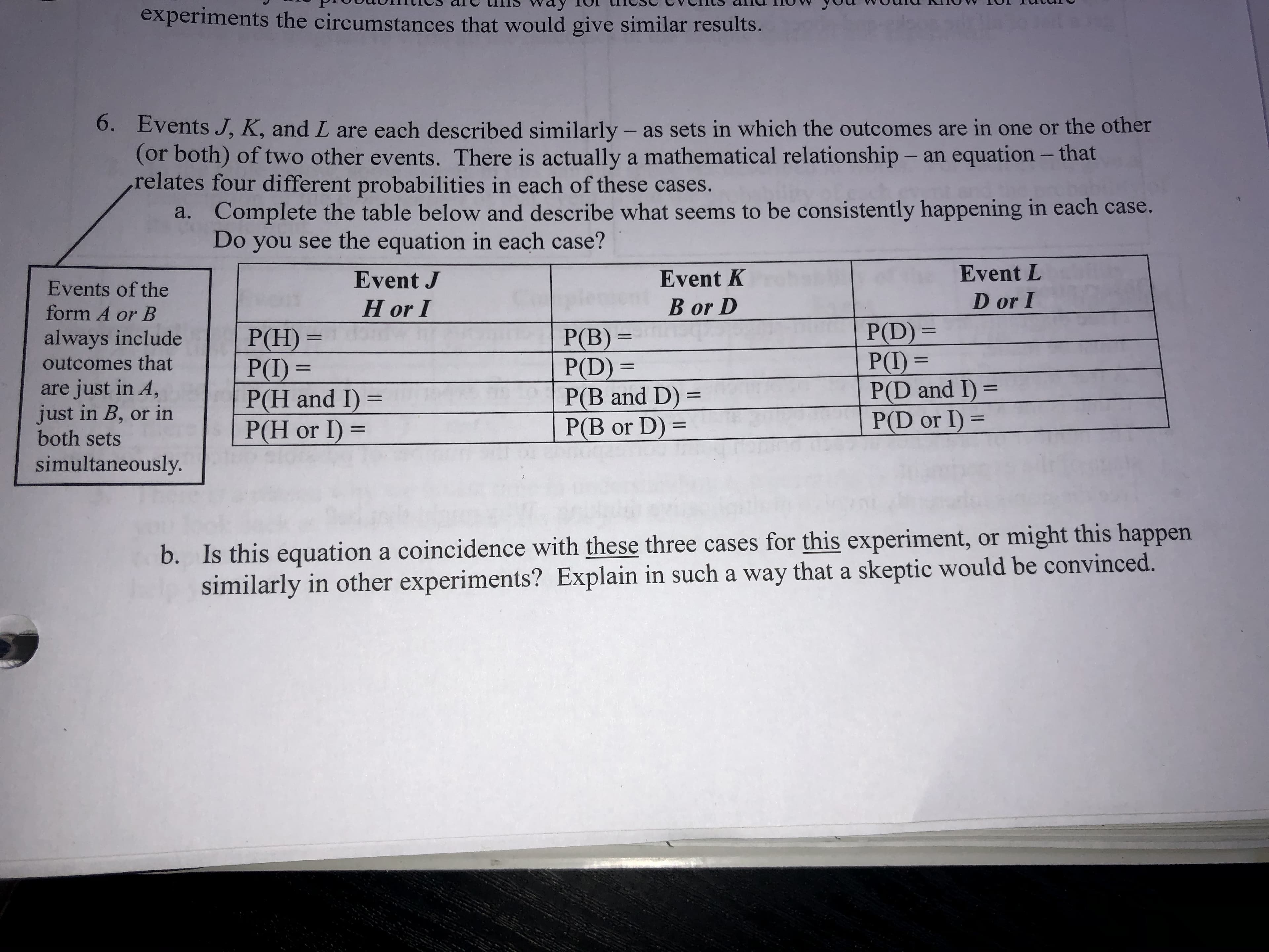 experiments the circumstances that would give similar results.
6. Events J, K, and L are each described similarly - as sets in which the outcomes are in one or the other
(or both) of two other events. There is actually a mathematical relationship - an equation - that
,relates four different probabilities in each of these cases.
Complete the table below and describe what seems to be consistently happening in each case.
Do you see the equation in each case?
а.
Event L
Event K
Event J
Events of the
D or I
B or D
Hor I
form A or B
P(D)=
P(I)=
P(D and I) =
P(D or I) =
P(B)
P(D) =
P(B and D)=
P(B or D) =
always include
outcomes that
P(H)=
P(I)=
P(H and I)
P(H or I) =
II
11
just in A,
just in B, or in
both sets
are
1
simultaneously.
might this happen
Is this equation a coincidence with these three cases for this experiment, or
similarly in other experiments? Explain in such a way that a skeptic would be convinced.
b.
