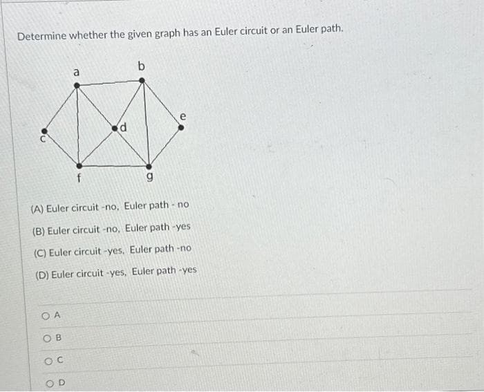 Determine whether the given graph has an Euler circuit or an Euler path.
OA
OB
OC
O
a
O
f
d
g
(A) Euler circuit-no. Euler path no
(B) Euler circuit-no, Euler path-yes.
(C) Euler circuit-yes, Euler path -no
(D) Euler circuit-yes, Euler path -yes.
b
e