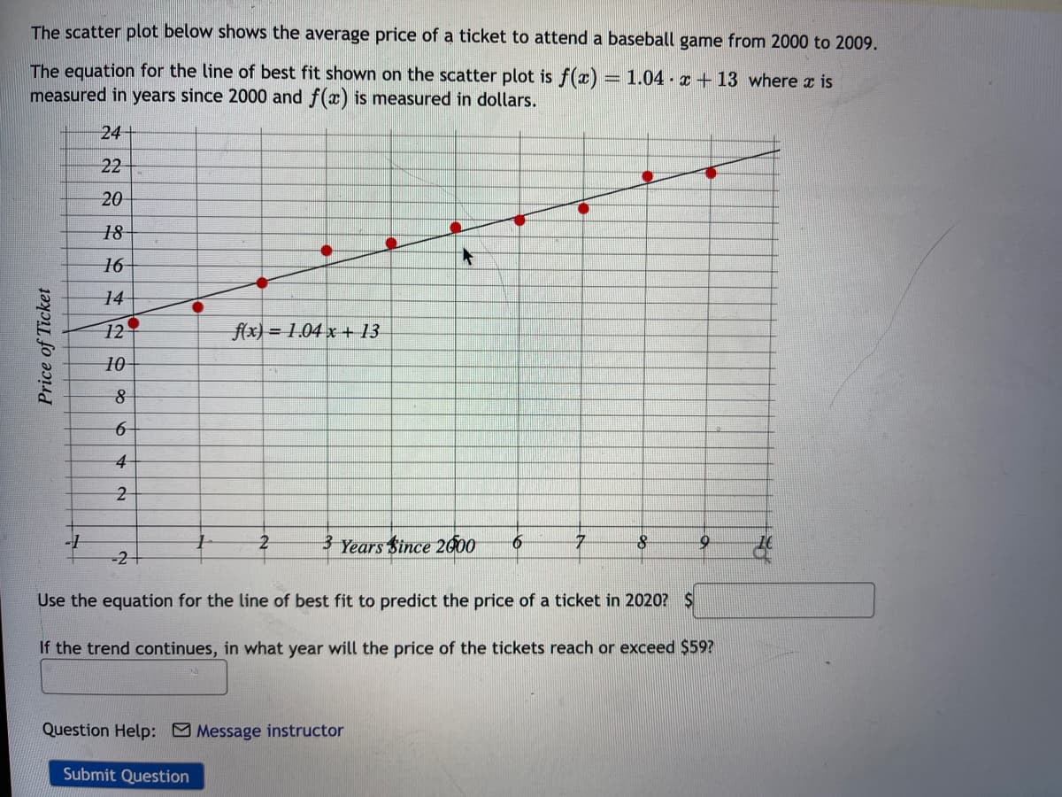 The scatter plot below shows the average price of a ticket to attend a baseball game from 2000 to 2009.
.
The equation for the line of best fit shown on the scatter plot is f(x) - 1.04 x 13 where x is
measured in years since 2000 and f(x) is measured in dollars.
24+
22
20
18
16
14
Price of Ticket
29% 62
12
10
8
4
-2-
f(x)= 1.04 x + 13
2
3 Years Since 2000
6
Question Help: Message instructor
Submit Question
7
8
Use the equation for the line of best fit to predict the price of a ticket in 2020? $
If the trend continues, in what year will the price of the tickets reach or exceed $59?