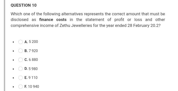 QUESTION 10
Which one of the following alternatives represents the correct amount that must be
disclosed as finance costs in the statement of profit or loss and other
comprehensive income of Zethu Jewelleries for the year ended 28 February 20.2?
A. 5 200
B. 7 920
C. 6 880
D. 5 980
E. 9 110
F. 10 940
