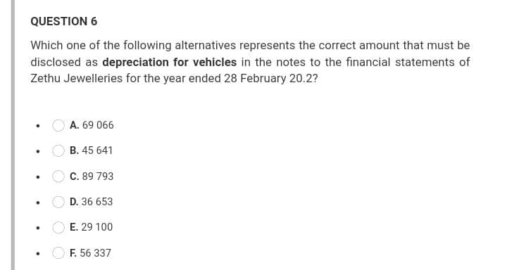 QUESTION 6
Which one of the following alternatives represents the correct amount that must be
disclosed as depreciation for vehicles in the notes to the financial statements of
Zethu Jewelleries for the year ended 28 February 20.2?
A. 69 066
B. 45 641
C. 89 793
D. 36 653
E. 29 100
F. 56 337
