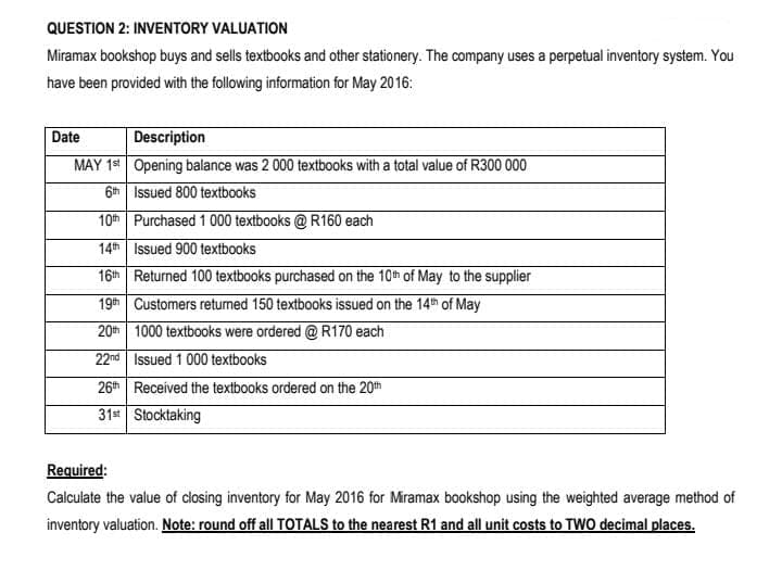 QUESTION 2: INVENTORY VALUATION
Miramax bookshop buys and sells textbooks and other stationery. The company uses a perpetual inventory system. You
have been provided with the following information for May 2016:
Date
MAY 1s Opening balance was 2 000 textbooks with a total value of R300 000
6th Issued 800 textbooks
10th Purchased 1 000 textbooks @ R160 each
14th Issued 900 textbooks
16th Returned 100 textbooks purchased on the 10th of May to the supplier
Description
19th Customers retumed 150 textbooks issued on the 14th of May
20th 1000 textbooks were ordered @ R170 each
22nd Issued 1 000 textbooks
26th Received the textbooks ordered on the 20th
31s Stocktaking
Required:
Calculate the value of closing inventory for May 2016 for Mramax bookshop using the weighted average method of
inventory valuation. Note: round off all TOTALS to the nearest R1 and all unit costs to TWO decimal places.
