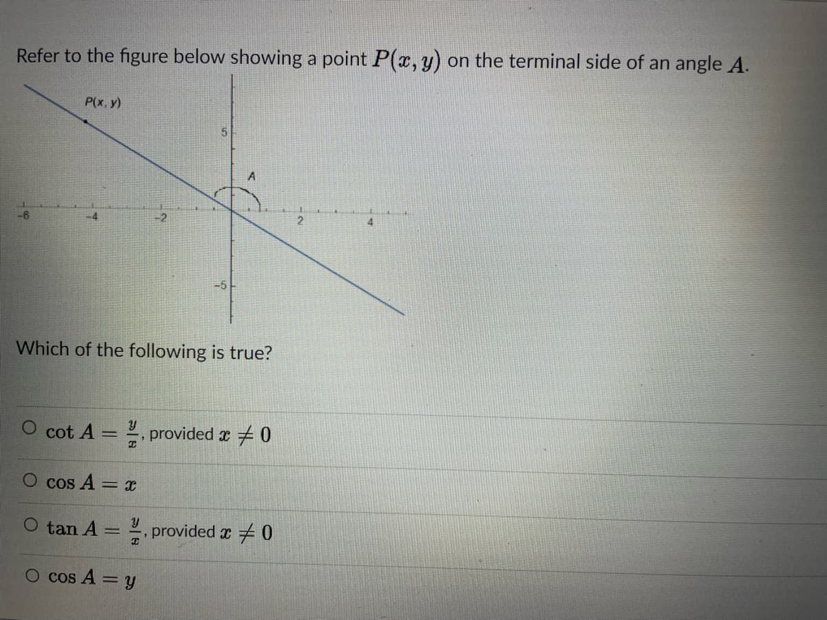 Refer to the figure below showing a point P(x, y) on the terminal side of an angle A.
P(x, y)
5.
-6
-2
4.
-5
Which of the following is true?
cot A = 2, provided r 0
cos A = x
%3D
O tan A = 2, provided x 0
O cos A = y
