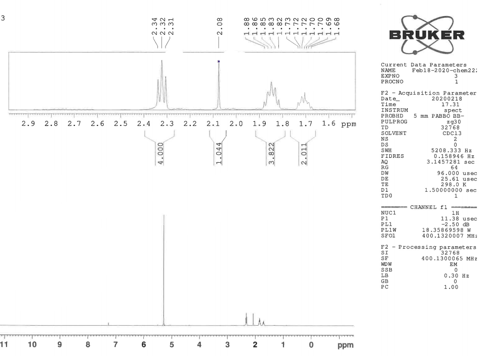 3
...
BRUKER
Current Data Paramet ers
NAME
EXPNO
Feb18-2020-chem22:
3
PROCNO
1
F2 - Acquisition Paramet er
Date_
Time
INSTRUM
PROBHD
20200218
17.31
spect
5 mm PABBO BB-
zg30
32768
CDC13
2
1.8 1.7
1.6 ppm
PULPROG
TD
SOLVENT
2.9
2.8
2.7
2.6
2.5
2.4 2.3
2.2
2.1
2.0
1.9
NS
DS
SWH
5208.333 Hz
0.158946 Hz
3.1457281 sec
64
96.000 usec
FIDRES
AQ
RG
DW
DE
25.61 usec
298.0 K
1.50000000 sec
1
TE
D1
TDO
CHANNEL f1 =--
1H
11.38 usec
-2.50 dB
18.35869598 W
400.1320007 MH2
===== =-
NUC1
P1
PL1
PL1W
SFO1
F2 - Processing parameterS
32768
400.1300065 MHz
SI
SF
WDW
EM
SB
LB
0.30 Hz
GB
PC
1.00
11
10
8
7
6
5
4
3
2
1
ppm
000'
2.32
1.044
-2.08
88:I
98:T/
1.85
1.70
1.70
69'I
89
