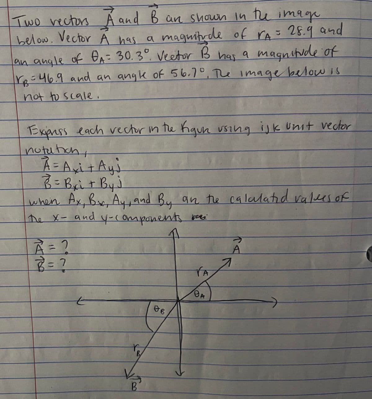 Two rectorsÁ and B an shoun in the image
below. Vector Á has a maguihde of rA= 28.9 and
a magnitude of
an angle of A= 30.3°. Veetor B has q
res46.9 and an angle of 56.7°, The image beloWis
not to scalee.
Expnss each vector in the Kqun using isk ümt vector
notution,
A=AyitAys
3
Brit Byd
when Ax, B, e
te X- and 4-companents bei
Ay,and By an te
calalatıd valees of
%3D
