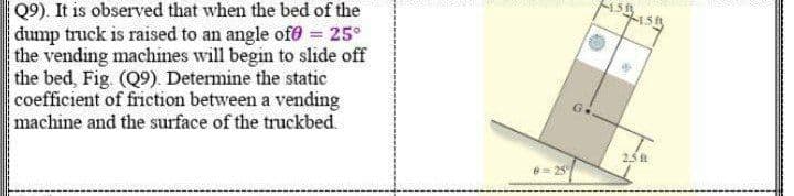 Q9). It is observed that when the bed of the
dump truck is raised to an angle ofe = 25°
the vending machines will begin to slide off
the bed, Fig (Q9). Determine the static
coefficient of friction between a vending
machine and the surface of the truckbed.
15t
2.5 ft
e= 25
