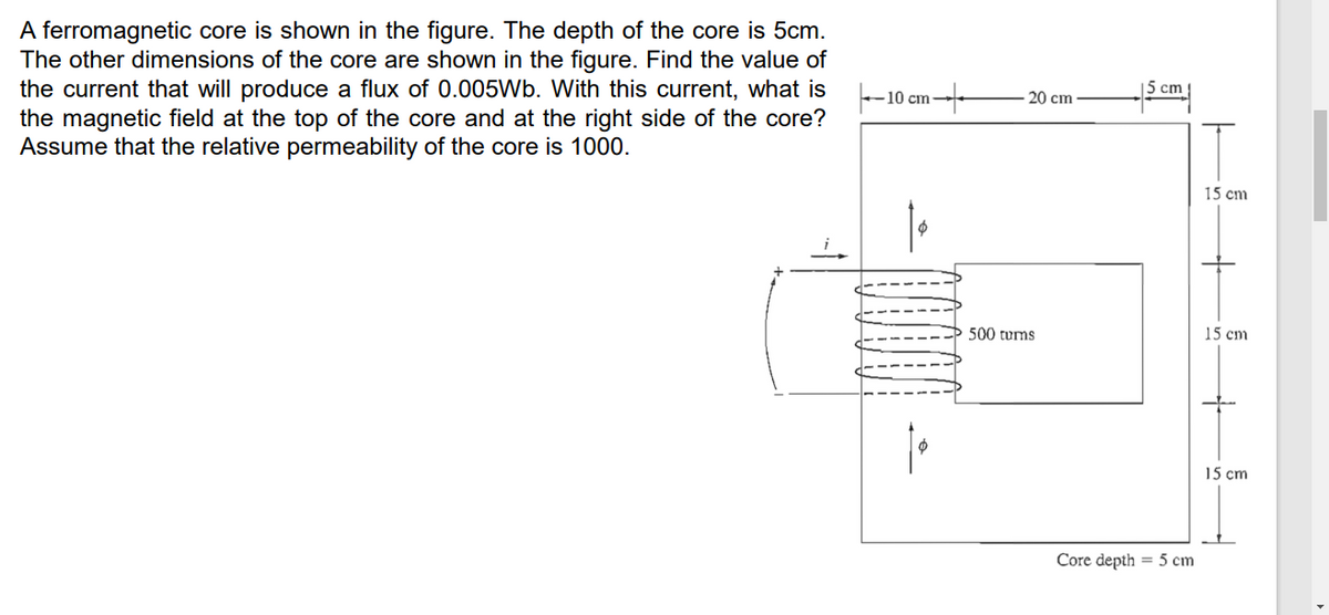 A ferromagnetic core is shown in the figure. The depth of the core is 5cm.
The other dimensions of the core are shown in the figure. Find the value of
the current that will produce a flux of 0.005Wb. With this current, what is
the magnetic field at the top of the core and at the right side of the core?
Assume that the relative permeability of the core is 1000.
|5 cm
-10 cm
20 cm
15 cm
500 tums
15 cm
15 cm
Core depth = 5 cm
