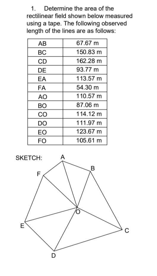 1.
Determine the area of the
rectilinear field shown below measured
using a tape. The following observed
length of the lines are as follows:
АВ
67.67 m
ВС
150.83 m
CD
162.28 m
DE
93.77 m
EA
113.57 m
FA
54.30 m
AO
110.57 m
Во
CO
87.06 m
114.12 m
DO
111.97 m
EO
123.67 m
FO
105.61 m
SKETCH:
A
B
F
E
C
