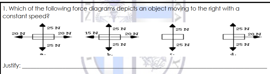 1. Which of the following force diagrams depicts an object moving to the right with a
|constant speed?
25 N
25 N
[25 N
25 N
20 N
15 N
20 N
20 N
20 N
25 N
25 N
25 N
25 N
ъ.
d.
Justify:
