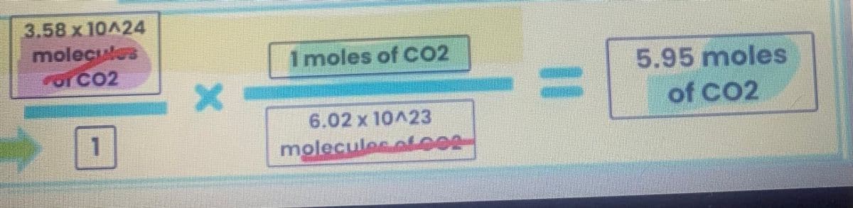 3.58 x 10A24
molecules
For CO2
1
X
1 moles of CO2
6.02 x 10^23
molecules of co
5.95 moles
of CO2