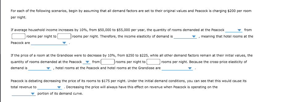 For each of the following scenarios, begin by assuming that all demand factors are set to their original values and Peacock is charging $200 per room
per night.
If average household income increases by 10%, from $50,000 to $55,000 per year, the quantity of rooms demanded at the Peacock
from
rooms per night to
|rooms per night. Therefore, the income elasticity of demand is
meaning that hotel rooms at the
Peacock are
If the price of a room at the Grandiose were to decrease by 10%, from $250 to $225, while all other demand factors remain at their initial values, the
quantity of rooms demanded at the Peacock
from
rooms per night to
rooms per night. Because the cross-price elasticity of
demand is
hotel rooms at the Peacock and hotel rooms at the Grandiose are
Peacock is debating decreasing the price of its rooms to $175 per night. Under the initial demand conditions, you can see that this would cause its
total revenue to
. Decreasing the price will always have this effect on revenue when Peacock is operating on the
portion of its demand curve.
