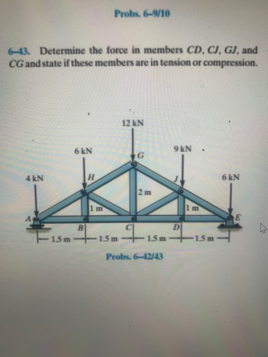 Probs. 6-9/10
6-43. Determine the force in members CD, CJ, GJ, and
CG and state if these members are in tension or compression.
12 kN
6 kN
9 kN .
4 kN
6 kN
2m
1 m
1 m
E
4.
D
-1.5 m 1.5 m
1.5 m
1.5 m
Probs. 6-42/43
