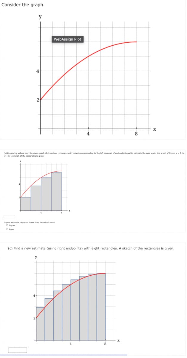 Consider the graph.
y
WebAssign Plot
X
(b) By reading values from the given graph of f, use four rectangles with heights corresponding to the left endpoint of each subinterval to estimate the area under the graph of / from x=0 to
x-8. A sketch of the rectangles is given.
Is your estimate higher or lower than the actual area?
O higher
O lower
(c) Find a new estimate (using right endpoints) with eight rectangles. A sketch of the rectangles is given.
y
2
