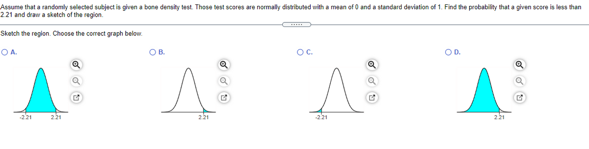 Assume that a randomly selected subject is given a bone density test. Those test scores are normally distributed with a mean of 0 and a standard deviation of 1. Find the probability that a given score is less than
2.21 and draw a sketch of the region.
Sketch the region. Choose the correct graph below.
OA.
OB.
OC.
OD.
AA AA A
-221
2.21
2.21
-2.21
2.21
