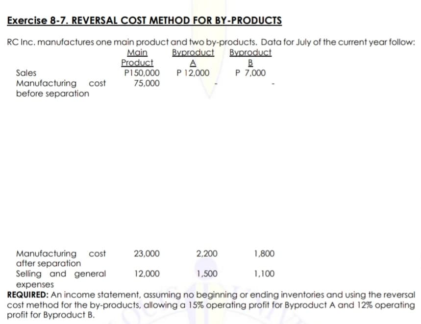 Exercise 8-7. REVERSAL COST METHOD FOR BY-PRODUCTS
RC Inc. manufactures one main product and two by-products. Data for July of the current year follow:
Byproduct
A
P 12,000
Main
Product
P150,000
75,000
Byproduct
B
P 7,000
Sales
Manufacturing
cost
before separation
Manufacturing
after separation
Selling and general
cost
23,000
2,200
1,800
12,000
1,500
1,100
expenses
REQUIRED: An income statement, assuming no beginning or ending inventories and using the reversal
cost method for the by-products, allowing a 15% operating profit for Byproduct A and 12% operating
profit for Byproduct B.
